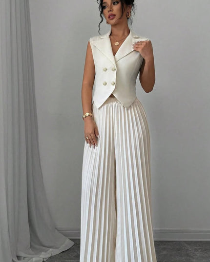 Summer Sleeveless Suit Fashion Lapel Button Vest Top And Pleated Straight Pants Women's Trousers Set Clothing