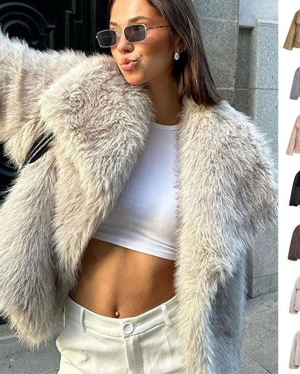 Winter Plush Coat Fashion Warm Thicken Fluffy Lapel Jacket Outwear Casual Long Sleeve Tops Womens Clothing
