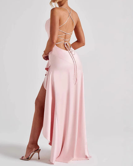 Women's Backless Ruffles Irregular Dress Summer Fashion Evening Party Club Split Suspender Maxi Dresses Clothing