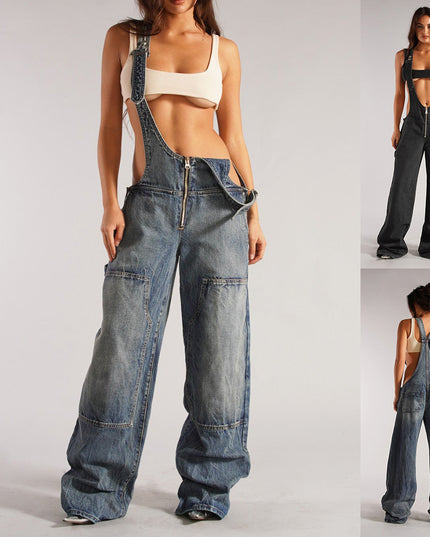 Y2K Zipper Denim Overalls With Pockets Fashion Loose Suspender Jumpsuit Streetwear Jeans Pants Womens Clothing