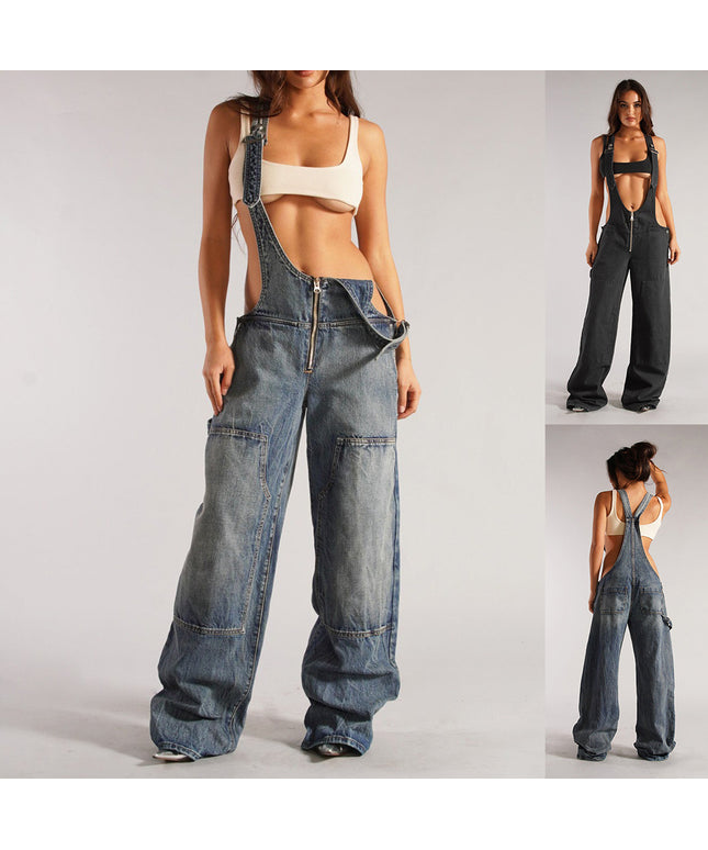 Y2K Zipper Denim Overalls With Pockets Fashion Loose Suspender Jumpsuit Streetwear Jeans Pants Womens Clothing