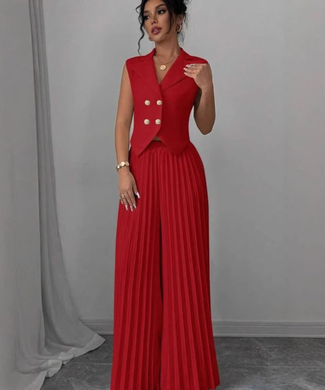 Summer Sleeveless Suit Fashion Lapel Button Vest Top And Pleated Straight Pants Women's Trousers Set Clothing
