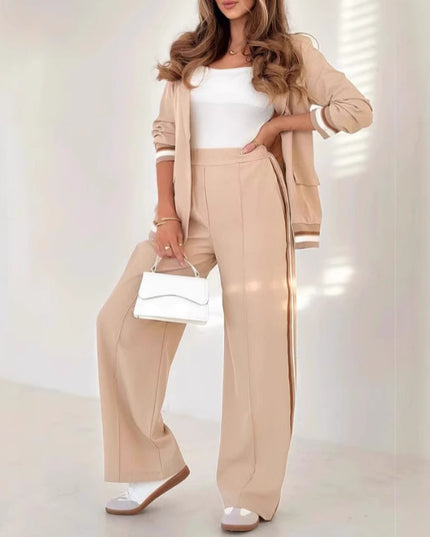 2 Pcs Set Women Suit Coat Pants Suit Lapel Long Sleeves Lady Jacket Wide Leg High Waist Trousers Female Commuting Office Outfit