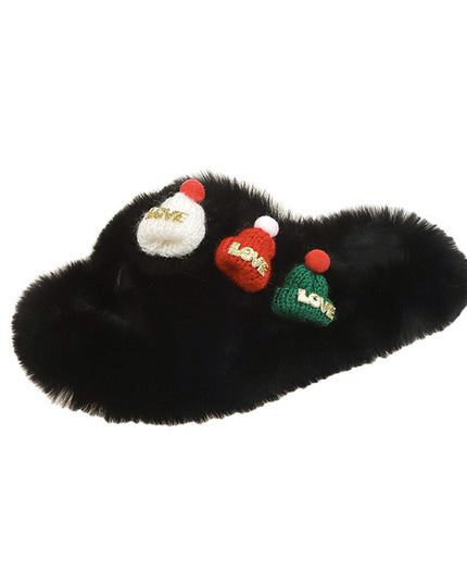 Christmas Hat Fluffy Slippers Women's Warm Toe Covering Cotton Slippers