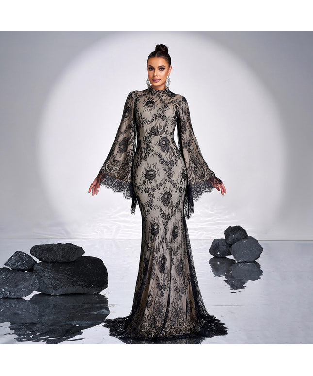 Long Sleeve Round Neck Sexy Lace Banquet Dress