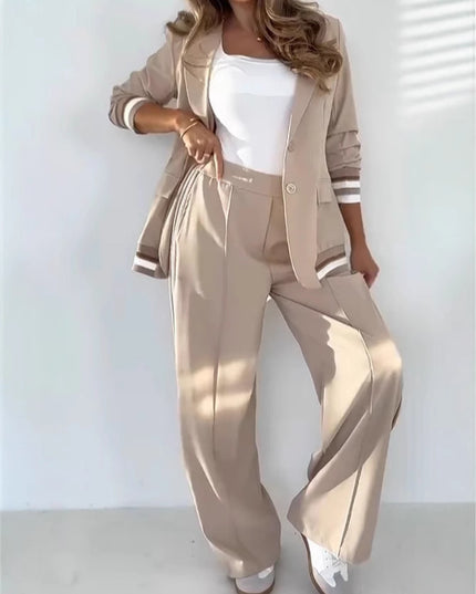 2 Pcs Set Women Suit Coat Pants Suit Lapel Long Sleeves Lady Jacket Wide Leg High Waist Trousers Female Commuting Office Outfit