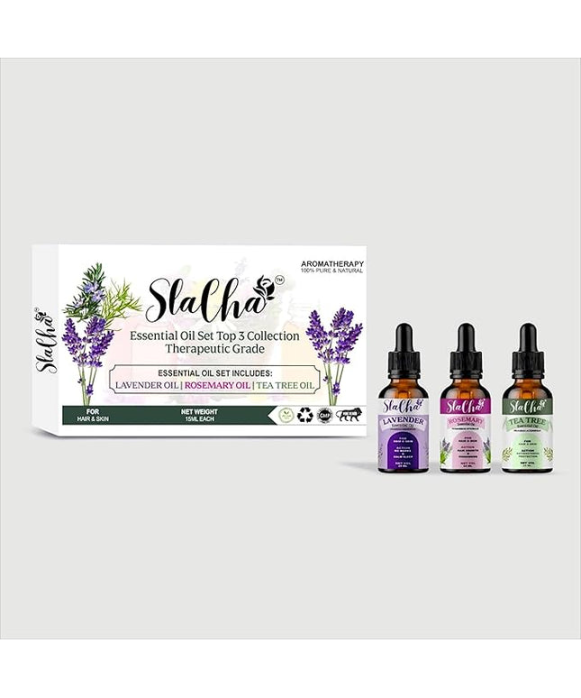 Slacha Lavender, Tea Tree & Rosemary Essential Oil | 100% Pure & Natural | Steam Distilled | For Hair, Skin & Relaxation | 15ML (Pack of 3)  (BUY 1 PACK GET 1 FREE)