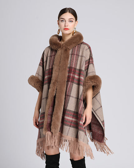 Loose Plaid Plus Cashmere Fur Collar Knitted Inverness