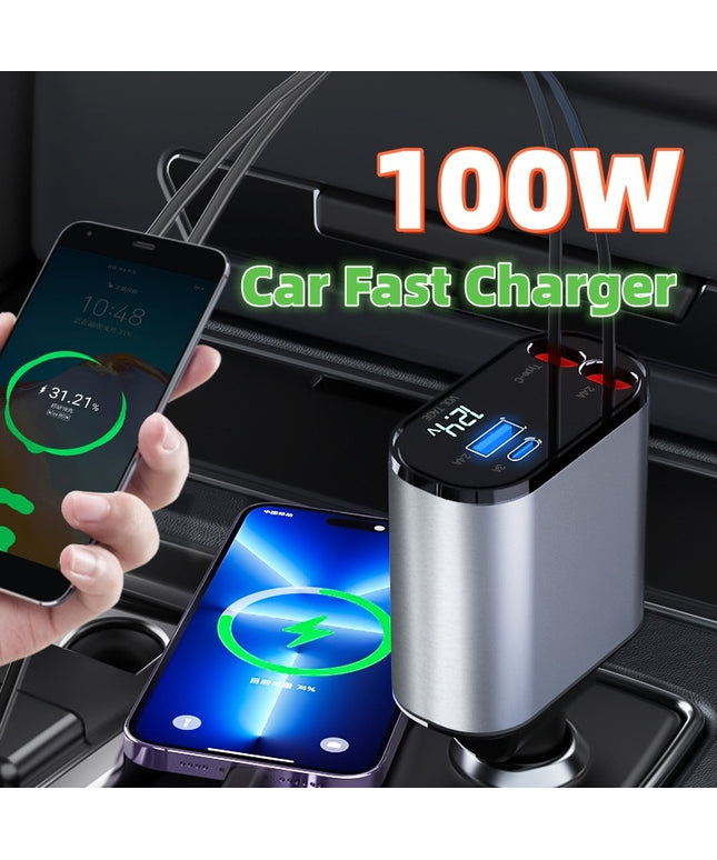 Metal Car Charger 100W Super Fast Charging Car Cigarette Lighter USB And TYPE-C Adapter