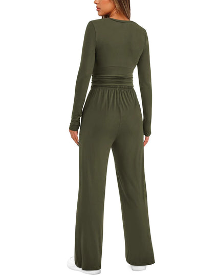 2 Pieces Women's Suit Autumn Winte Long Sleeve Tops High Waisted Wide Leg Pants Sportswear Female Clothes Solid Color Casual Suit