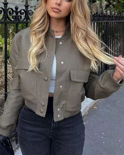 Casual Single-breasted Stand Collar Short Jacket With Pockets Fashion Long Sleeve Outwear Tops Coat For Womens Clothing