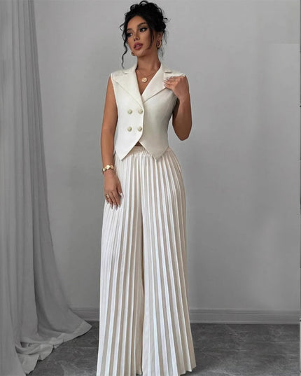 Summer Sleeveless Suit Fashion Lapel Button Vest Top And Pleated Straight Pants Women's Trousers Set Clothing