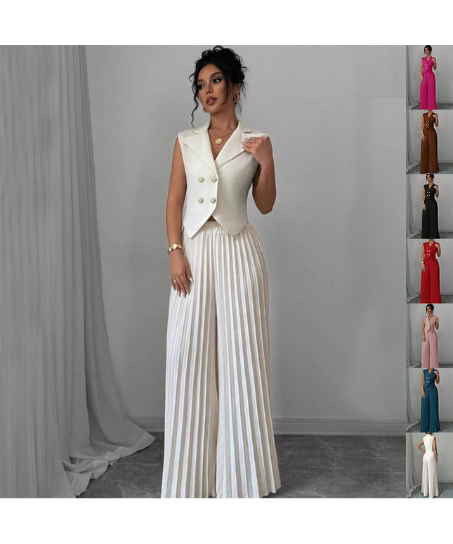 Summer Sleeveless Suit Fashion Lapel Button Vest Top And Pleated Straight Pants Women's Trousers Set Clothing