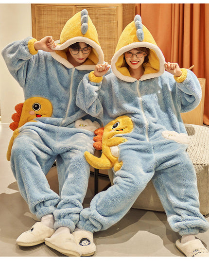 Cute Cartoon Jumpsuit Homewear Couple One-piece Nightgown Coral Fleece Winter Thickened Plush Pajamas For Women Home Clothes