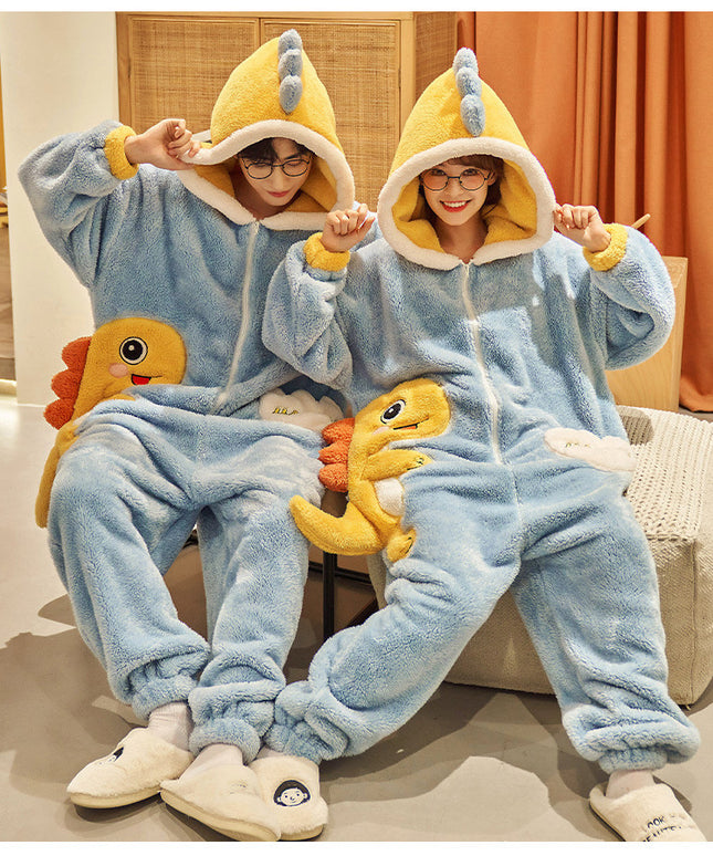 Cute Cartoon Jumpsuit Homewear Couple One-piece Nightgown Coral Fleece Winter Thickened Plush Pajamas For Women Home Clothes