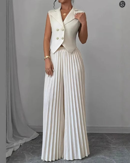 Summer Sleeveless Suit Fashion Lapel Button Vest Top And Pleated Straight Pants Women's Trousers Set Clothing
