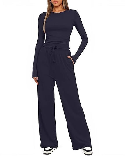 2 Pieces Women's Suit Autumn Winte Long Sleeve Tops High Waisted Wide Leg Pants Sportswear Female Clothes Solid Color Casual Suit