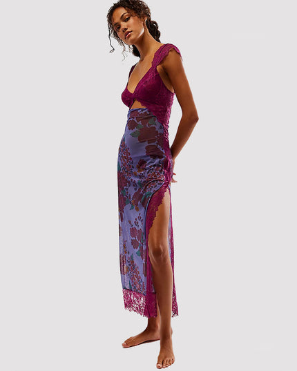 Slim V-neck Lace Shoulder-strap Dress Stitching Flowers Print Long Dresses Summer Women's Clothing