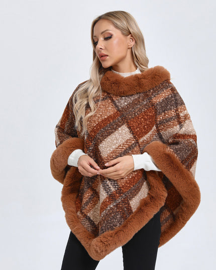 Big Fur Collar Cloak Mid-length Batwing Sleeve Pullover Classic Plaid Shawl