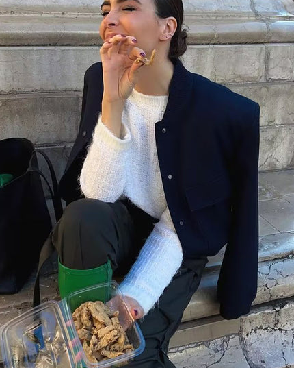 Casual Single-breasted Stand Collar Short Jacket With Pockets Fashion Long Sleeve Outwear Tops Coat For Womens Clothing