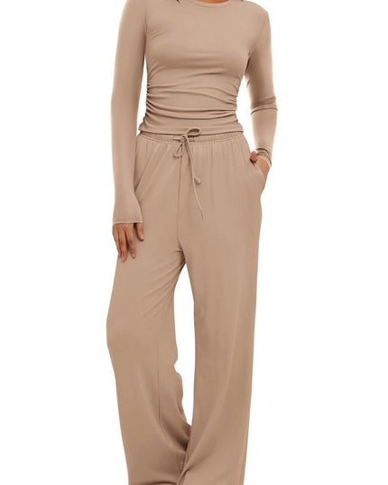 2 Pieces Women's Suit Autumn Winte Long Sleeve Tops High Waisted Wide Leg Pants Sportswear Female Clothes Solid Color Casual Suit