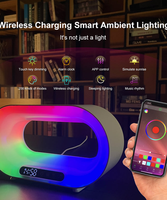 Multi-function 3 In 1 LED Night Light APP Control RGB Atmosphere Desk Lamp Smart Multifunctional Wireless Charger Alarm Clock