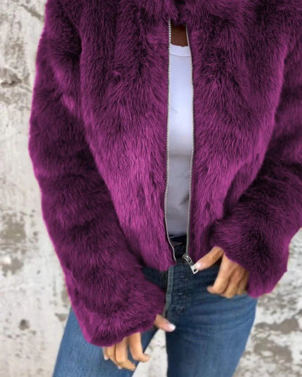 Fashion Stand Collar Plush Jacket Winter Casual Turtleneck Zipper Coat Fleece Tops Women's Clothing