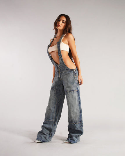 Y2K Zipper Denim Overalls With Pockets Fashion Loose Suspender Jumpsuit Streetwear Jeans Pants Womens Clothing
