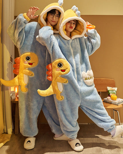 Cute Cartoon Jumpsuit Homewear Couple One-piece Nightgown Coral Fleece Winter Thickened Plush Pajamas For Women Home Clothes