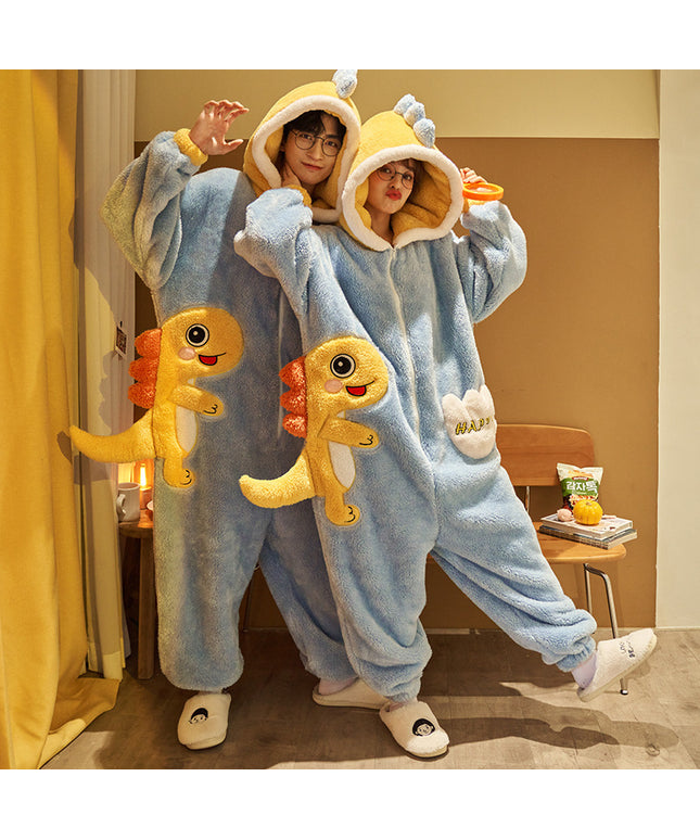 Cute Cartoon Jumpsuit Homewear Couple One-piece Nightgown Coral Fleece Winter Thickened Plush Pajamas For Women Home Clothes