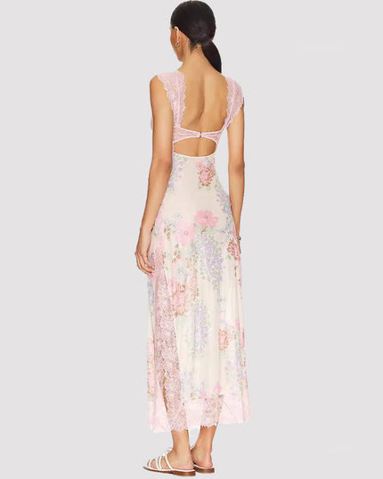 Slim V-neck Lace Shoulder-strap Dress Stitching Flowers Print Long Dresses Summer Women's Clothing