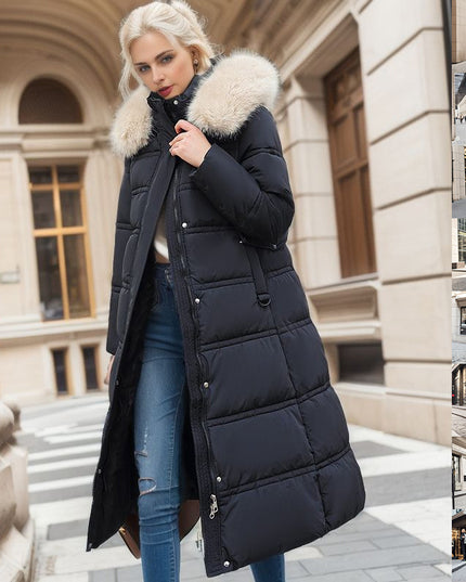 Winter Slim Long Jacket With Fur Hood And Belt Fashion Solid Hooded Coat Warm Clothing For Women