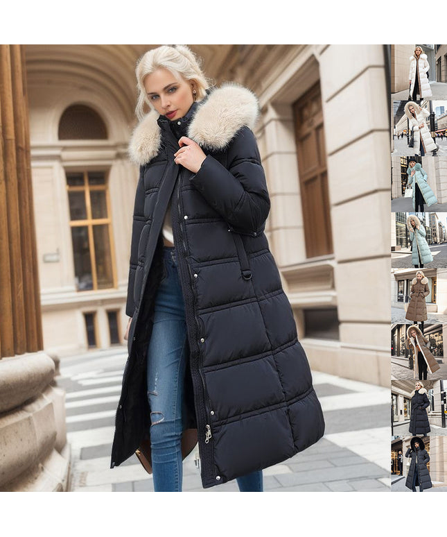 Winter Slim Long Jacket With Fur Hood And Belt Fashion Solid Hooded Coat Warm Clothing For Women