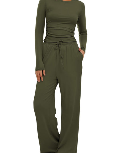 2 Pieces Women's Suit Autumn Winte Long Sleeve Tops High Waisted Wide Leg Pants Sportswear Female Clothes Solid Color Casual Suit