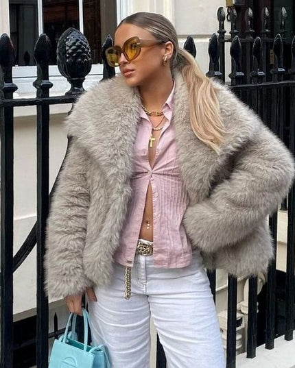 Winter Plush Coat Fashion Warm Thicken Fluffy Lapel Jacket Outwear Casual Long Sleeve Tops Womens Clothing