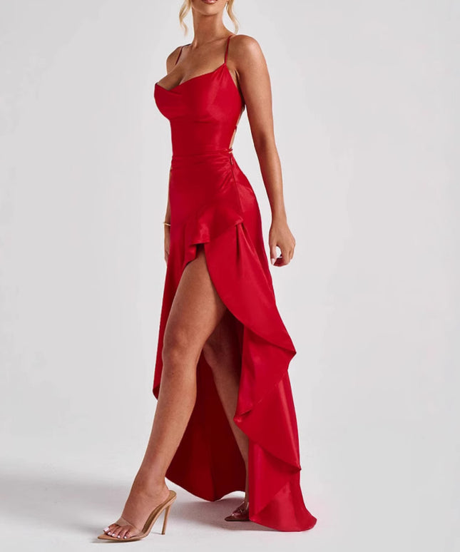 Women's Backless Ruffles Irregular Dress Summer Fashion Evening Party Club Split Suspender Maxi Dresses Clothing