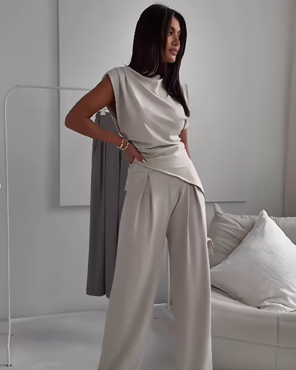 Women's Sleeveless Suit Fashion Slim Irregular Split Top And Straight Pants Solid Trouser Set