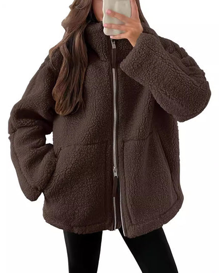 Winter Lapel Zip-up Coat With Pockets Casual Fashion Solid Fleece Jacket Fall Spring Long Sleeve Women's Clothing
