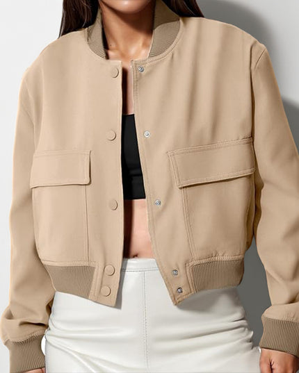 Fashion Button Stand-collar Jacket With Big Pockets Casual Loose Short Outwear Tops Coat For Women Clothing