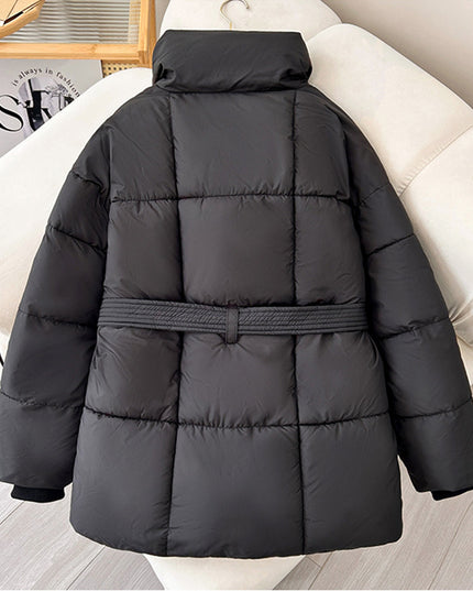 Winter Plaid Sewing Lapel Coat With Lace-up Design Fashion Loose Solid Thick Jacket Outerwear Women's Clothing