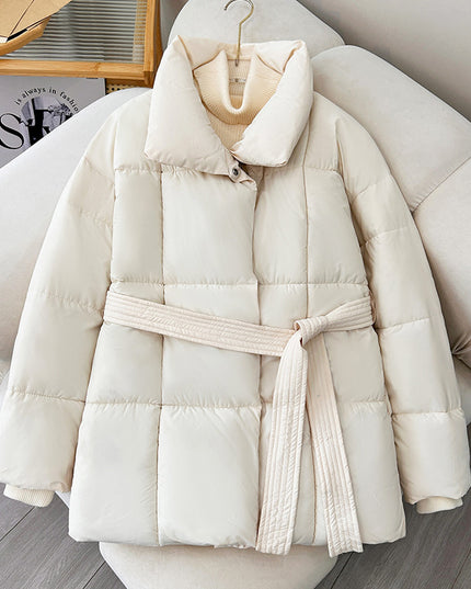 Winter Plaid Sewing Lapel Coat With Lace-up Design Fashion Loose Solid Thick Jacket Outerwear Women's Clothing