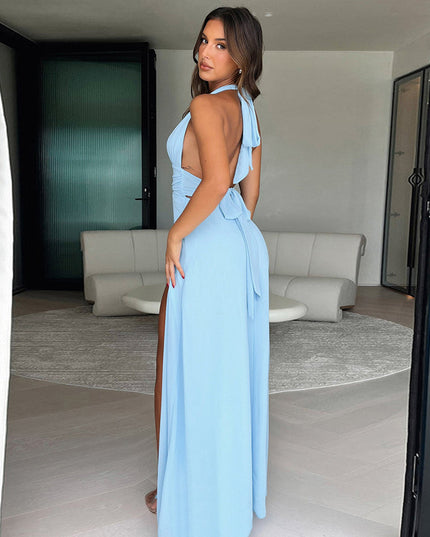 Sexy Halterneck V-neck Slit Dress Summer Backless Strappy Skirt Fashion Temperament Clothing Women