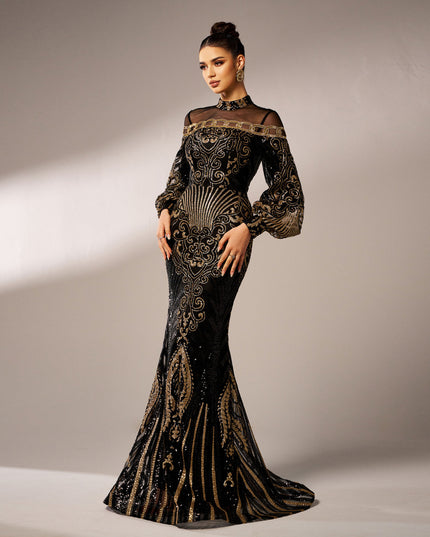 Long Sleeve Round Neck Sequins Mesh Fishtail Evening Dress