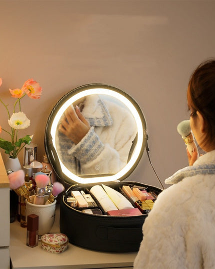 Round Smart LED Makeup Bag With Mirror Lights Women Beauty Bag Large Capacity PU Leather Travel Organizers Cosmetic Case