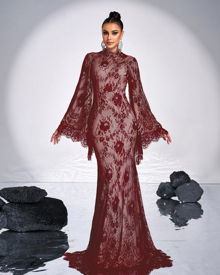 Long Sleeve Round Neck Sexy Lace Banquet Dress