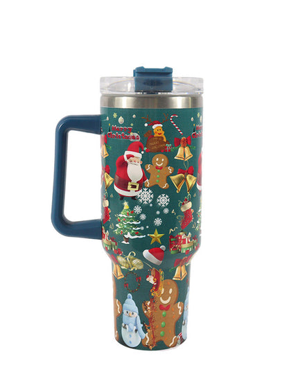 New Christmas Pattern Mug With Handle Lid Straw Drinkware Stainless Steel Vacuum Tumbler Large Capacity Car Travel Coffee Cup