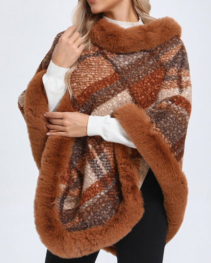 Big Fur Collar Cloak Mid-length Batwing Sleeve Pullover Classic Plaid Shawl