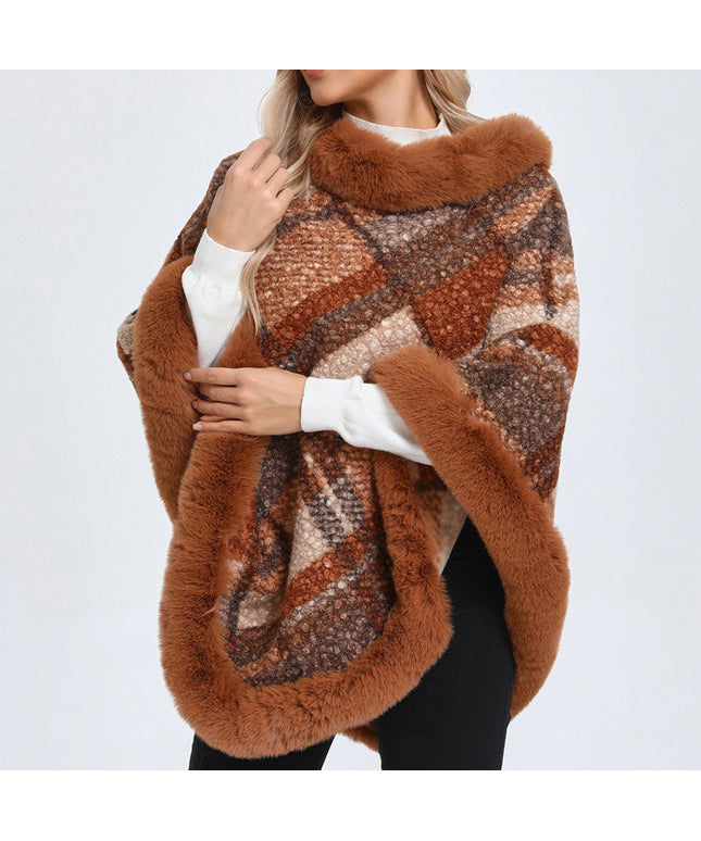 Big Fur Collar Cloak Mid-length Batwing Sleeve Pullover Classic Plaid Shawl