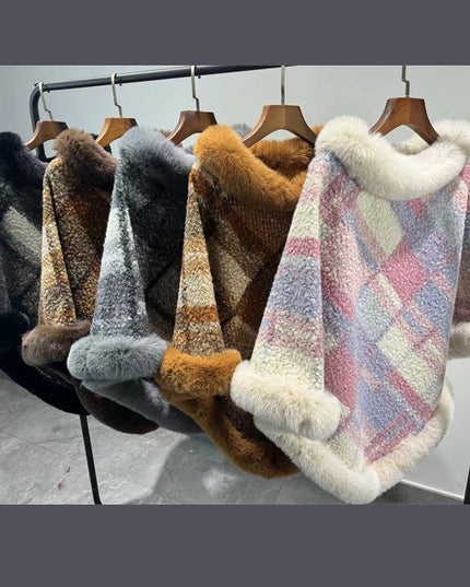 Big Fur Collar Cloak Mid-length Batwing Sleeve Pullover Classic Plaid Shawl