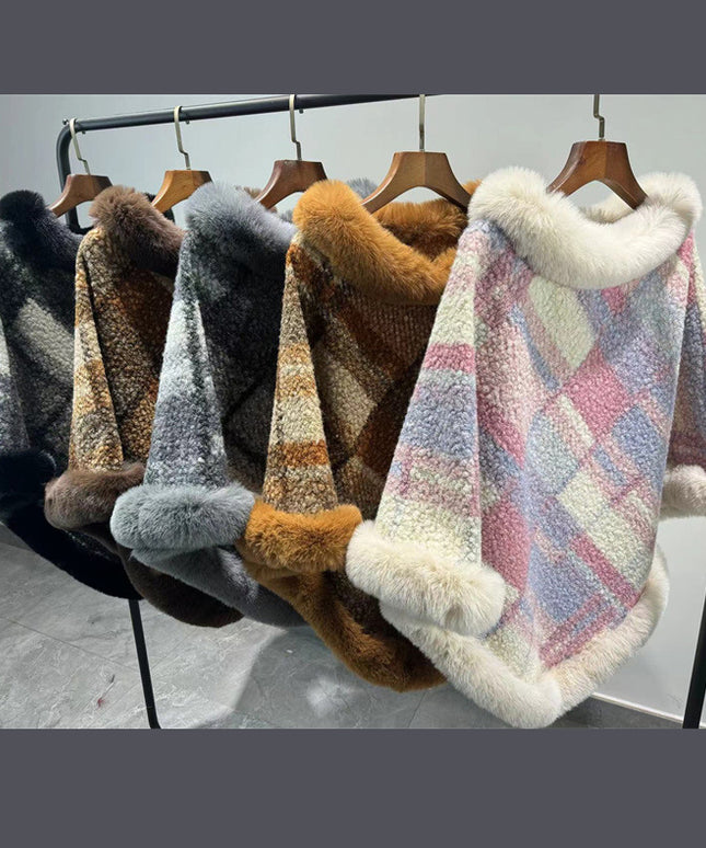 Big Fur Collar Cloak Mid-length Batwing Sleeve Pullover Classic Plaid Shawl
